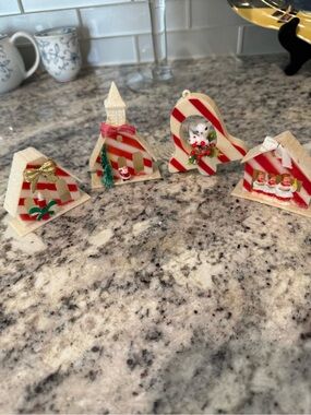 Vintage Plastic Christmas Ornaments Made in Hong Kong Lot of 4 MCM Kitsch Decor
